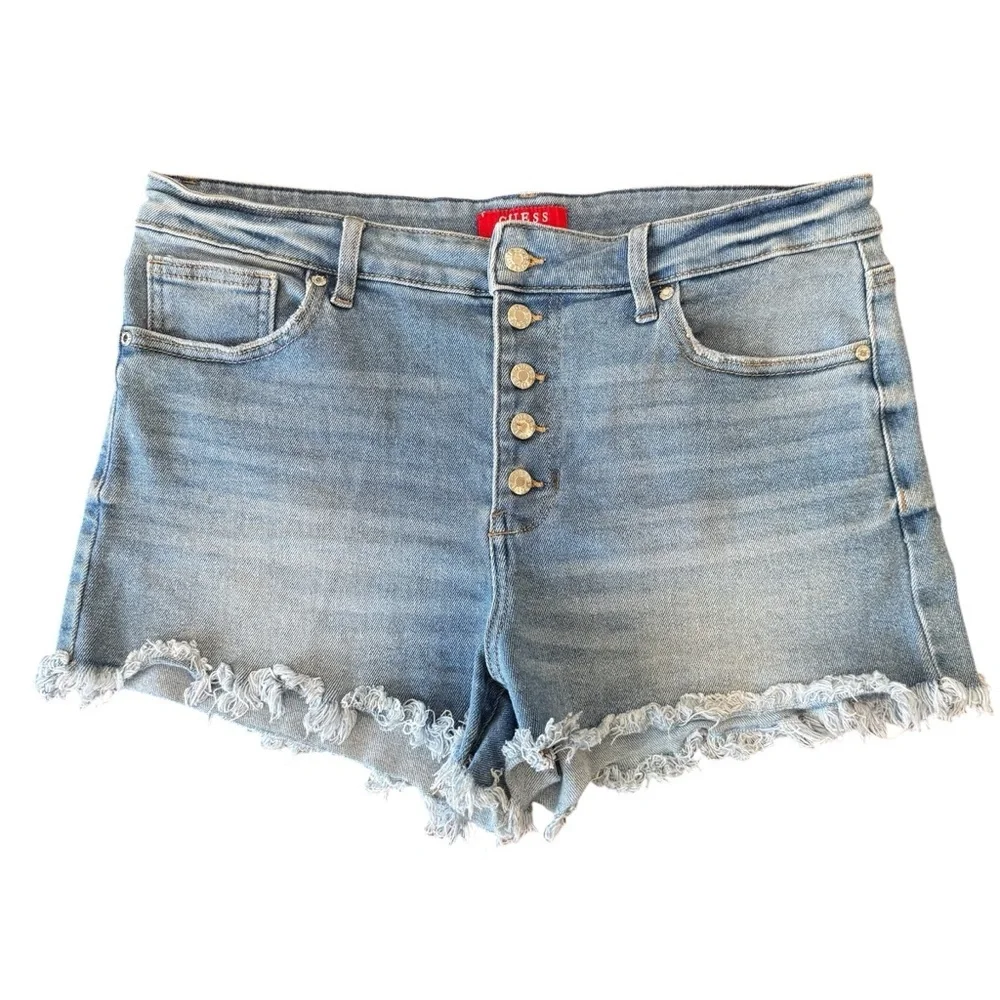 GUESS Women's Shorts 31 Blue Denim Emma Bottom Frayed Eds Button Fly Light Wash